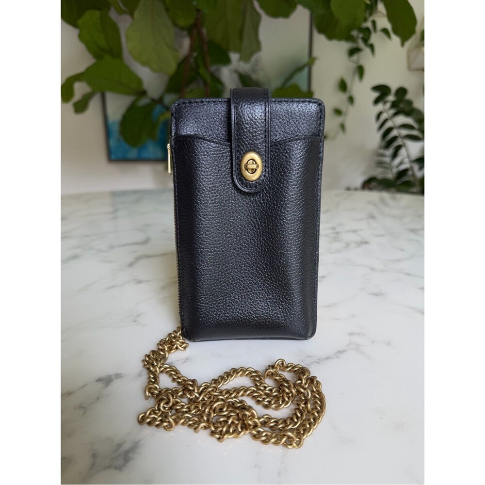 NWT Coach Polished Pebble Leather Turnlock Chain Phone Crossbody 93979 Black